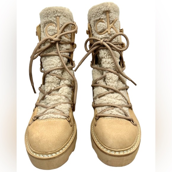Alaina Light Natural Fleece Lined Leather & Faux Upper Lug Lace Up Boots by CK - Picture 6 of 8